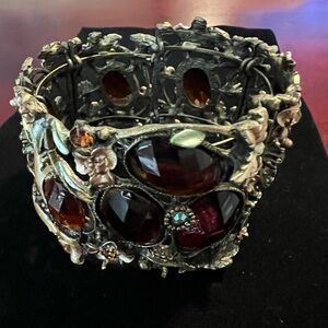 BOHO vintage-style hinged cuff bracelet brass tone multi-colored stones .